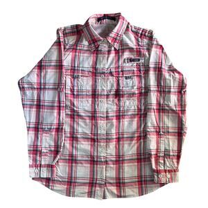 Columbia Long Sleeve Button-Up Plaid Shirt, Size Medium (No Size Tag, Measured)